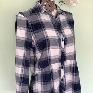 BeachLunchLounge Navy Plaid Flannel Flounce Ruffle Button Up Shirt Tunic